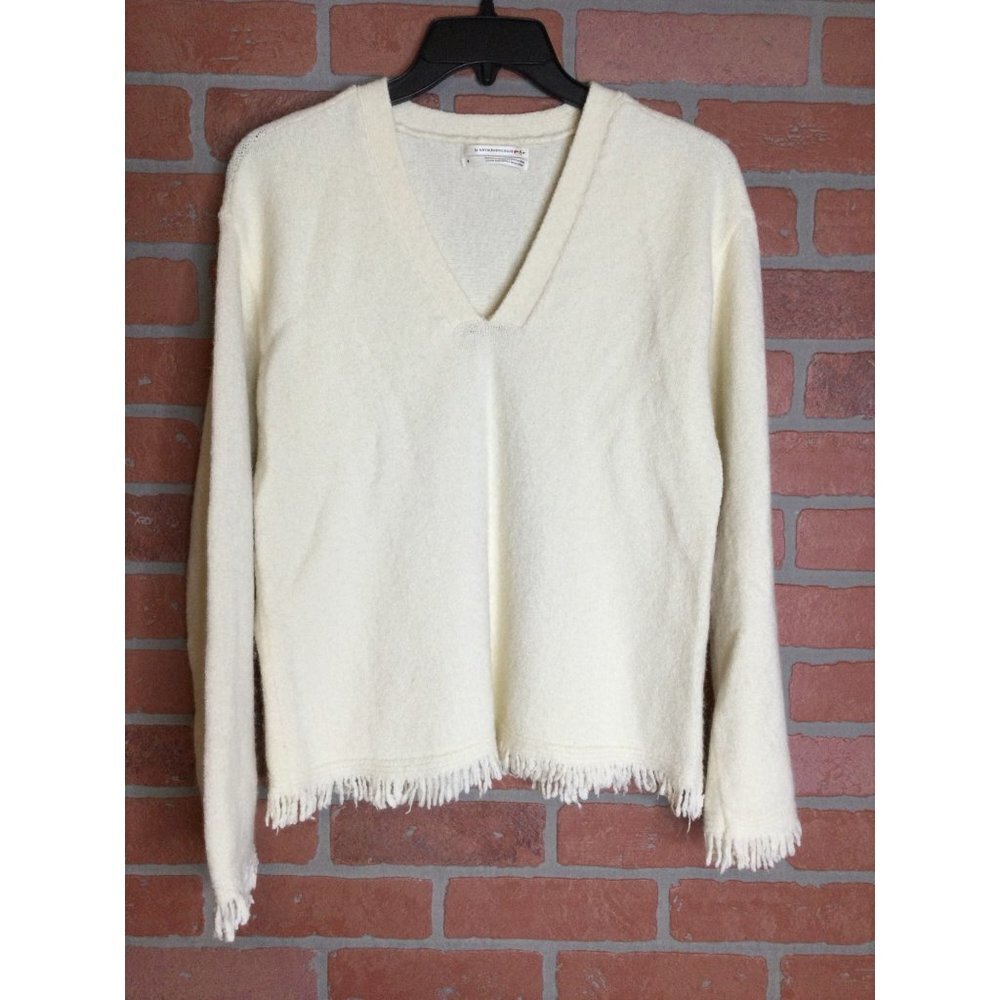 By Anthropologie Women's Joy Fringed V Neck Knit Sweater V Neck Beige Size Small
